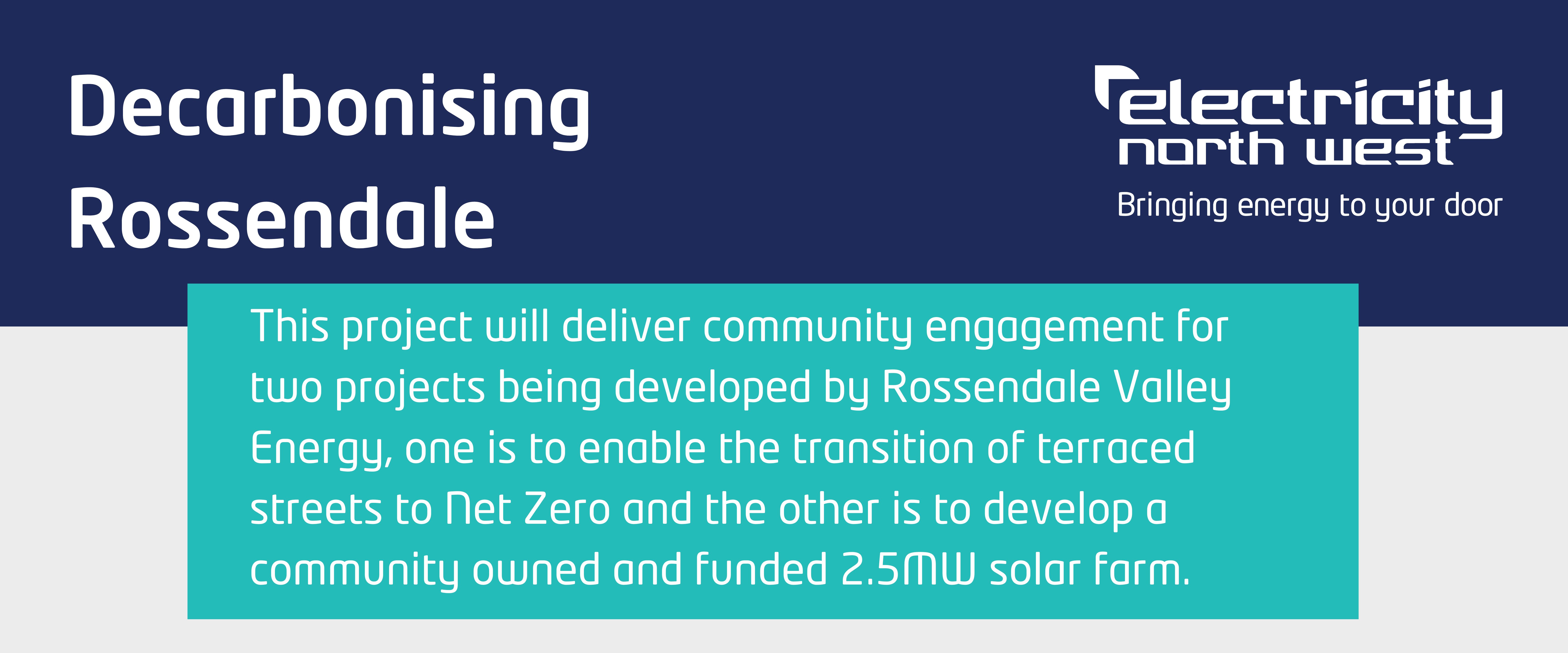Decarbonising Rossendale, This project will deliver community engagement for two projects being developed by Rossendale Valley Energy, one is to enable the transition of terraced streets to Net Zero and the other is to develop a community owned and funded 2.5MW solar farm.